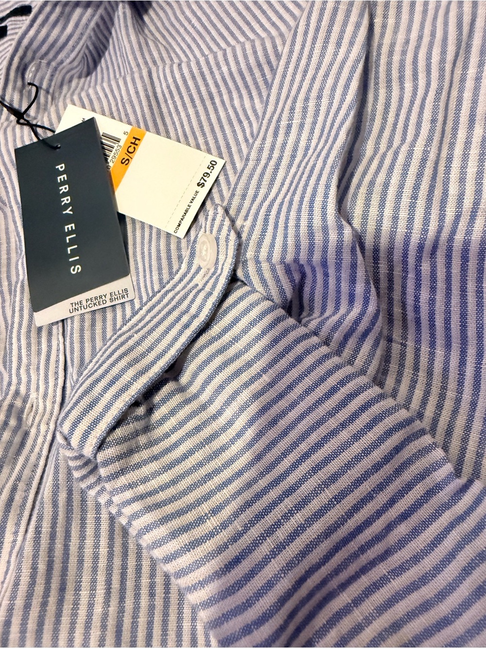 Perry Ellis Blue and White Striped Casual Button-Down Shirt - Picture 3 of 5